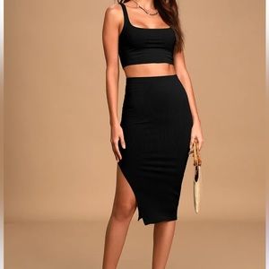 Lulus Set For Life Black Ribbed Bodycon Two-Piece Midi Dress